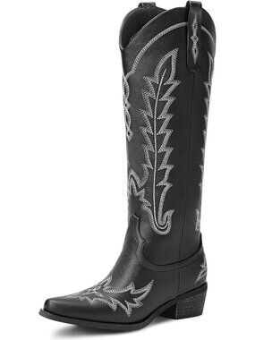 Women's Black Rubber Knee High Cowgirl Classic Retro Embroidered Tall Heel Boots